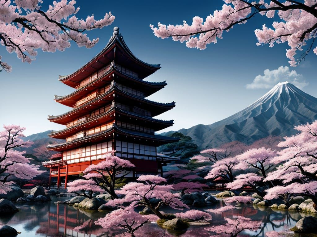 Japanese Sakura Garden Palace with Mountains in Manga Style