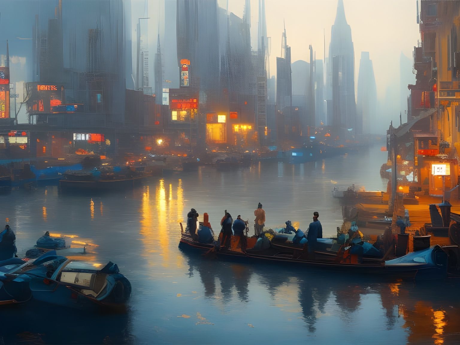 Martian City Canal: Majestic Oil Painting