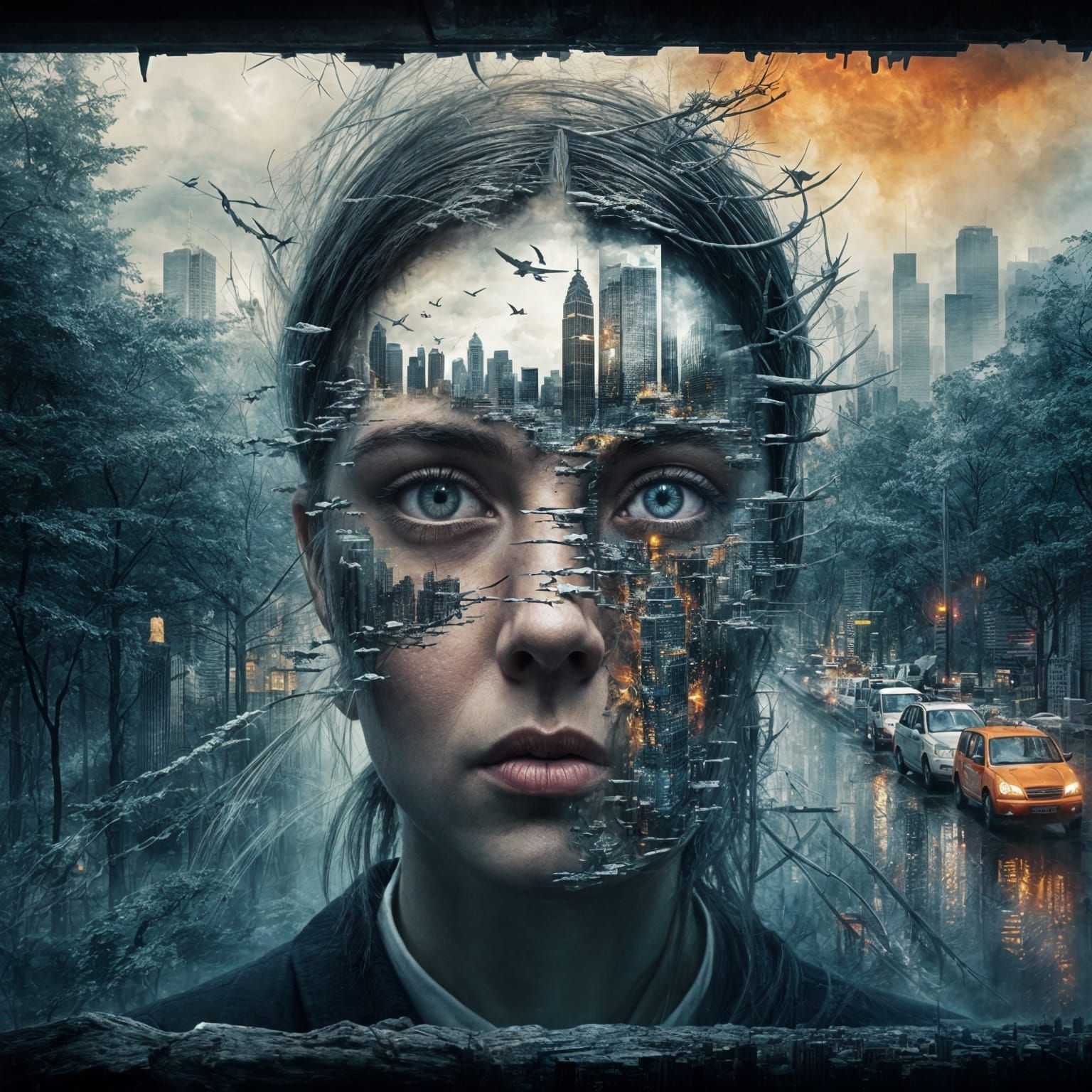 Surreal Face Double Exposure with City and Forest