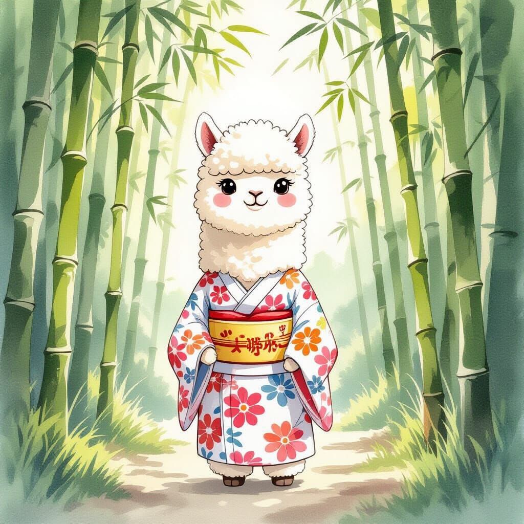 Fluffy Alpaca in Japanese Kimono in Bamboo Forest