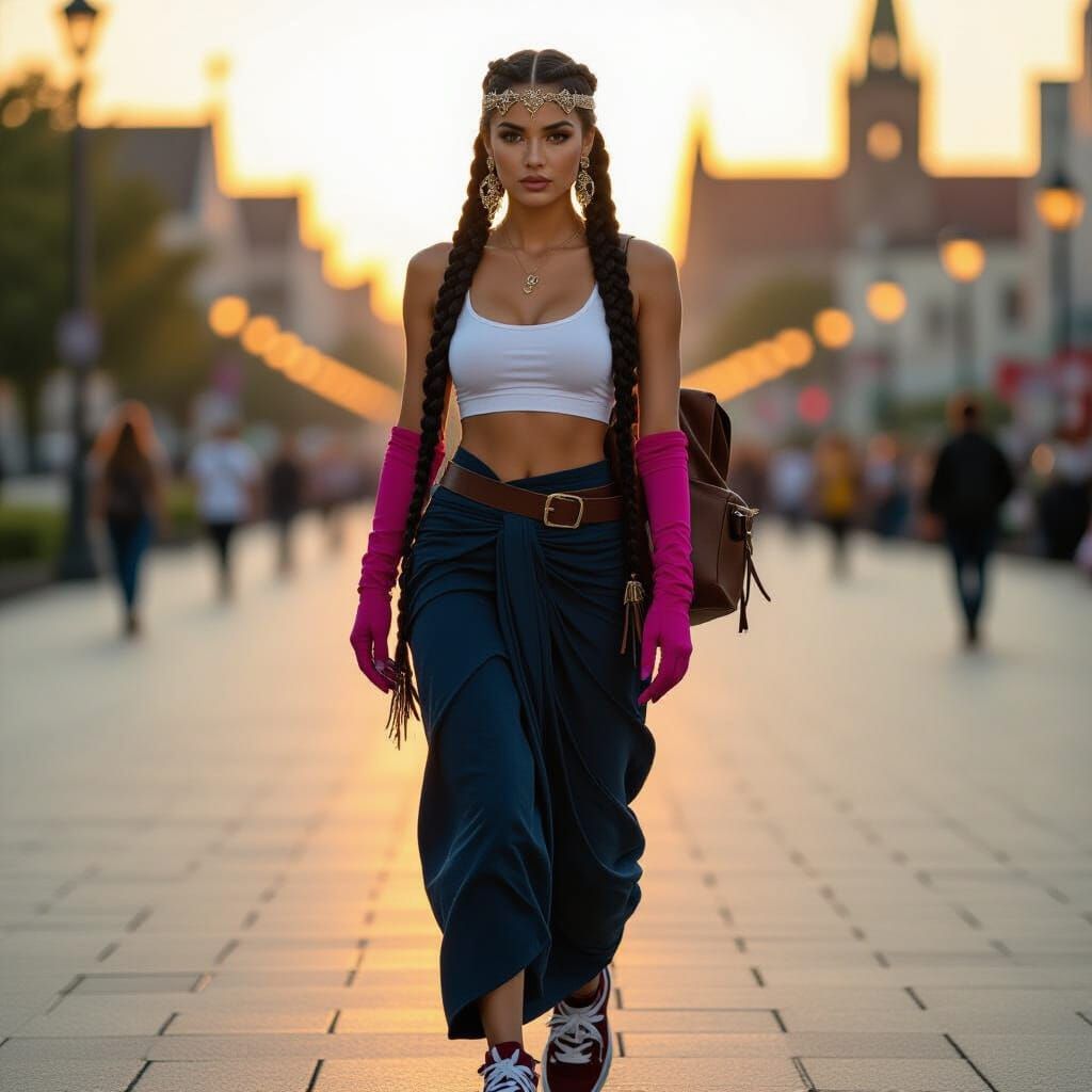 Cinematic Film Still of Woman in Cologne at Golden Hour