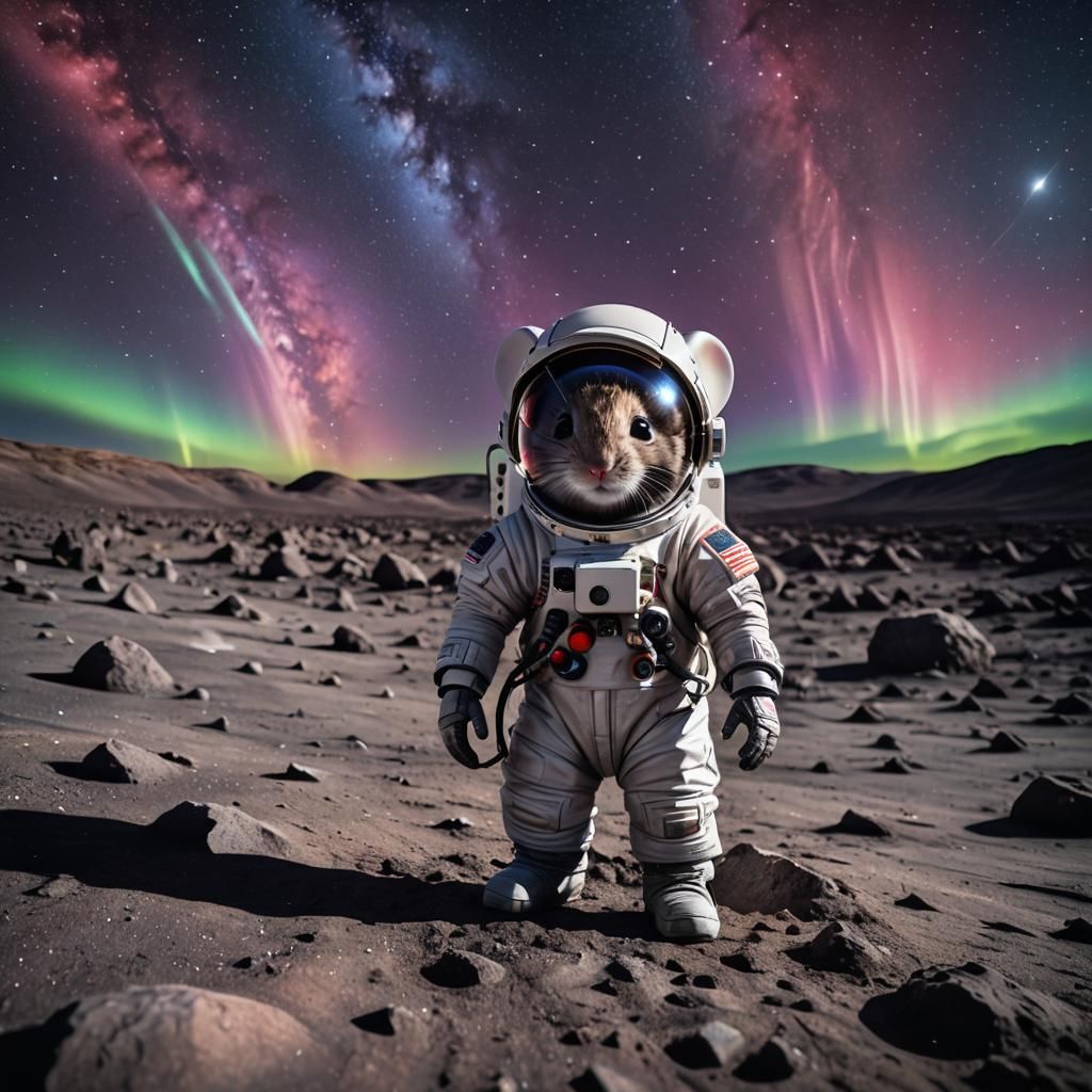 Chibi Mouse on Moon in Hyper-Realistic Astro Photography