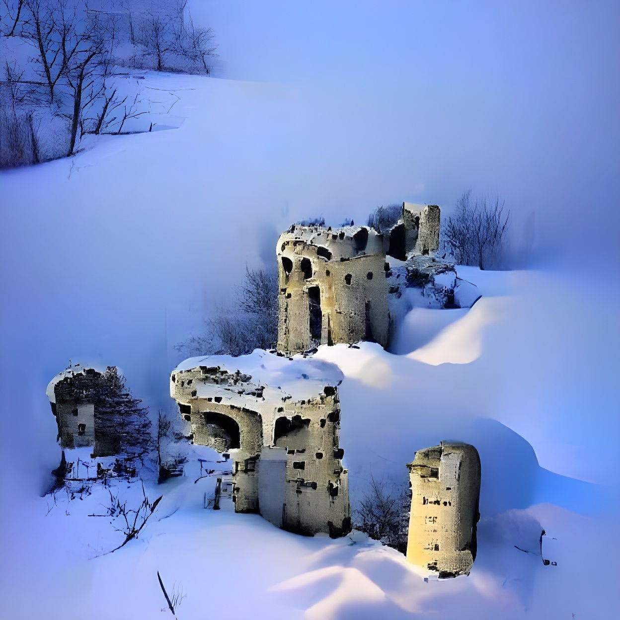 Snow Covered Ruins of Medieval Castle