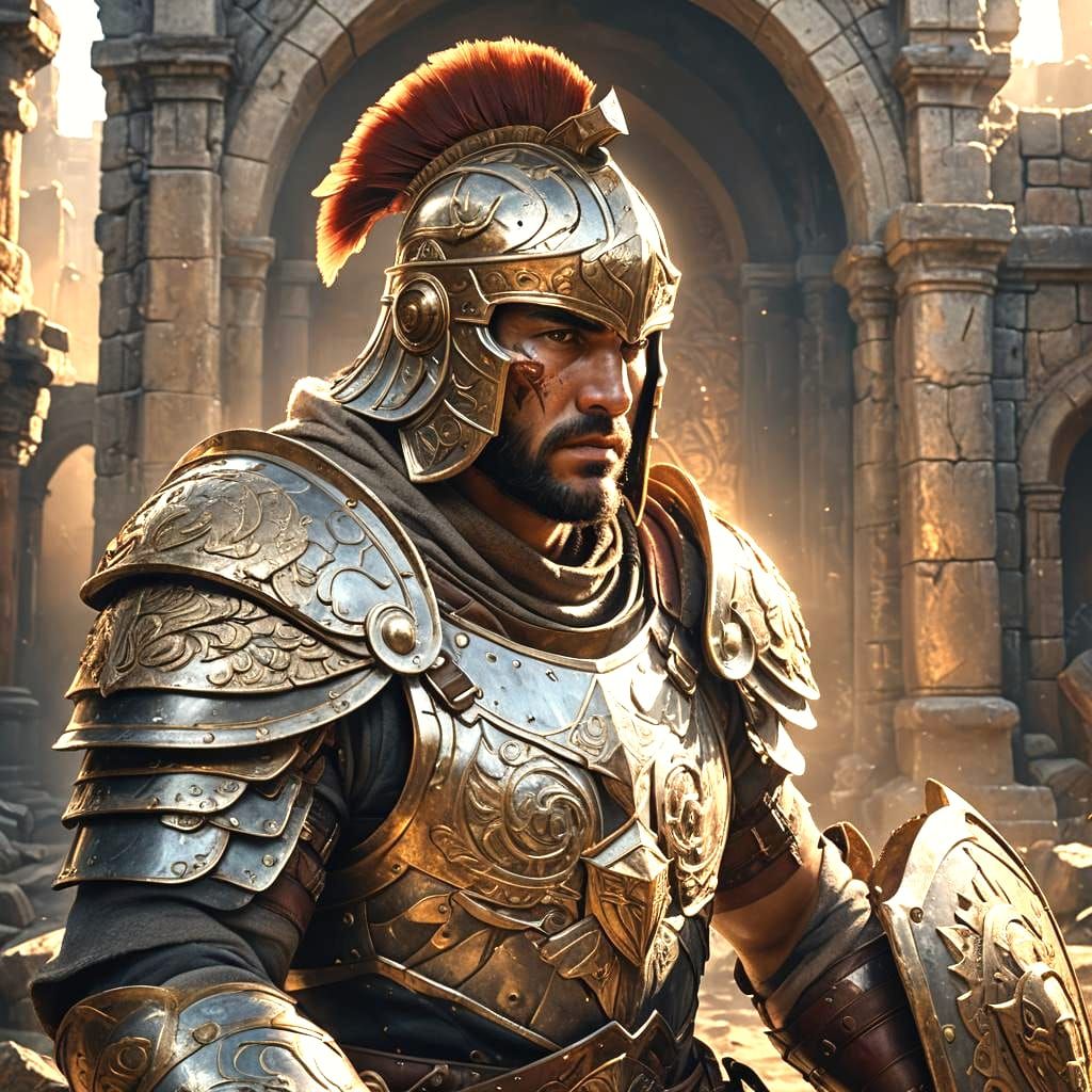 Intricately Detailed Slumber Gladiator Portrait in Triadic C...