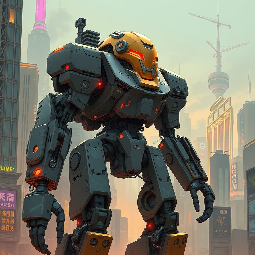 Futuristic Mecha Robot Cityscape in Industrial Sci-Fi Style