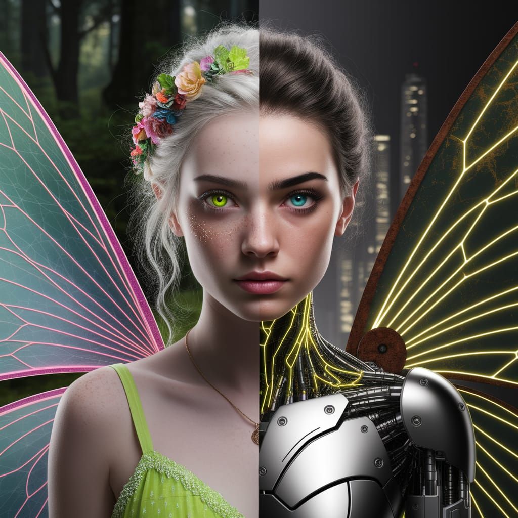 Split Portrait: Fairy and Android in Giger Style