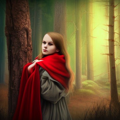 Girl in Red Cloak and Wolf Portrait