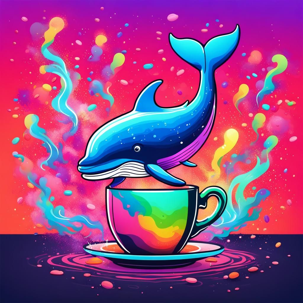 Small colorful whale jumping out 
a coffee cup, neon colors,...