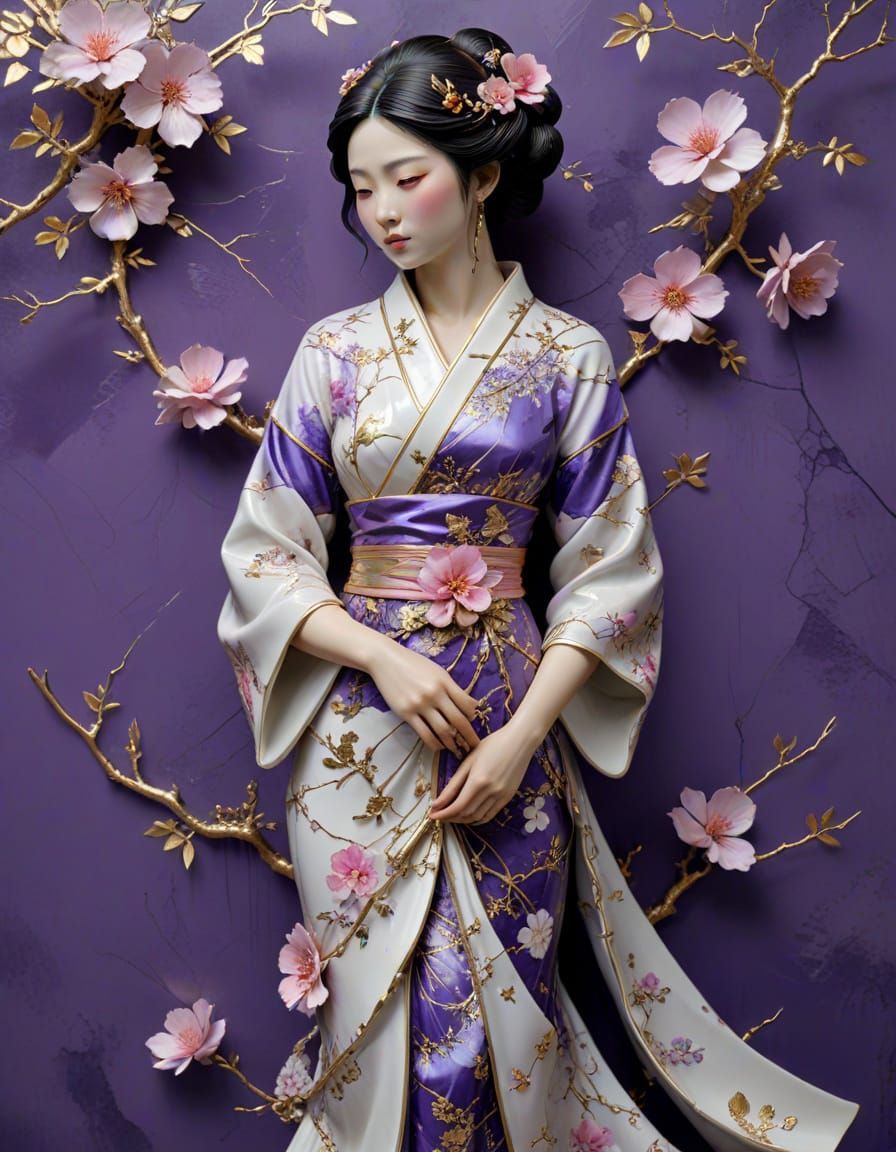 A Japanese Woman in a Flowing Dress, Cracked Porcelain in Vi...