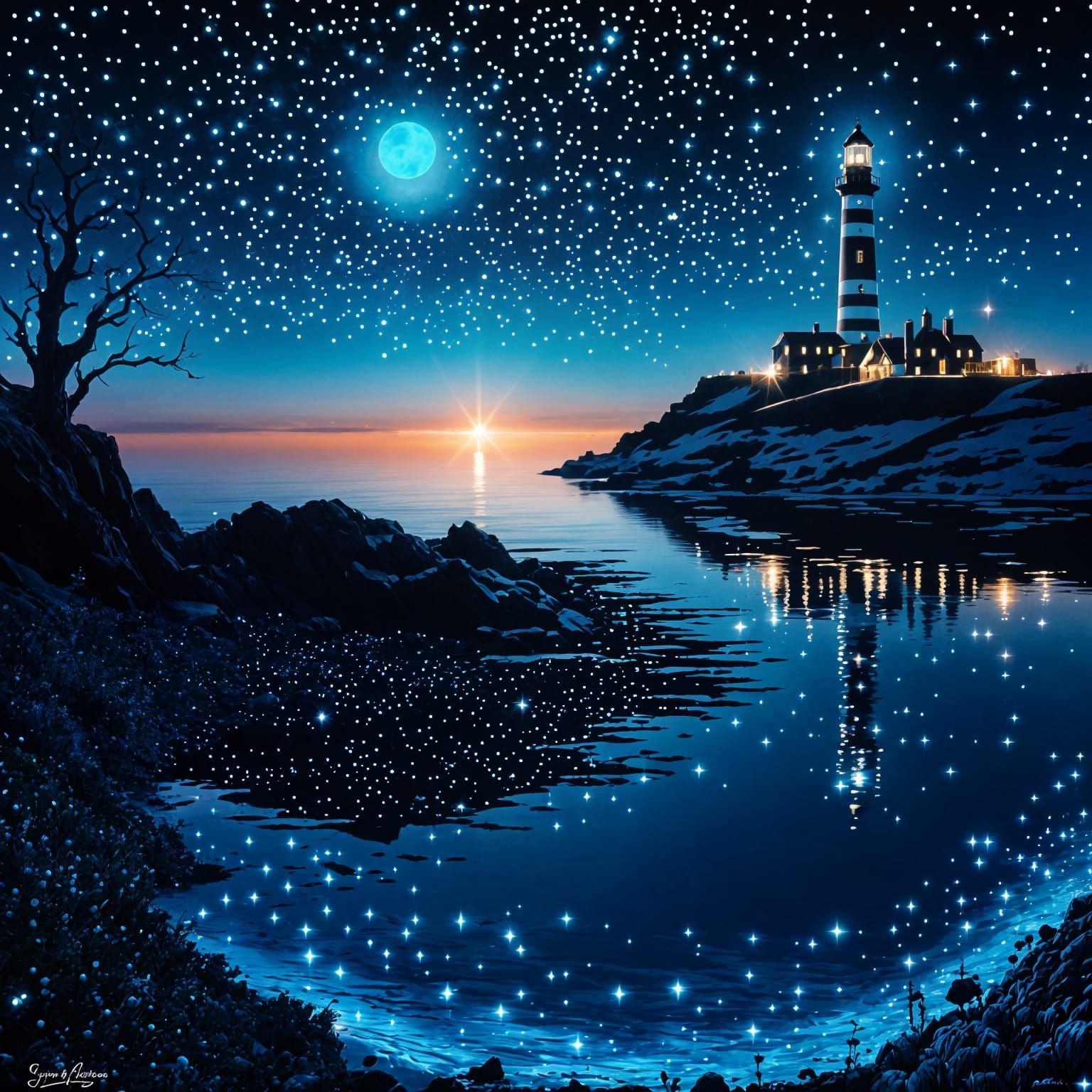 Neon Blue Sunset Over Enchanted Lighthouse