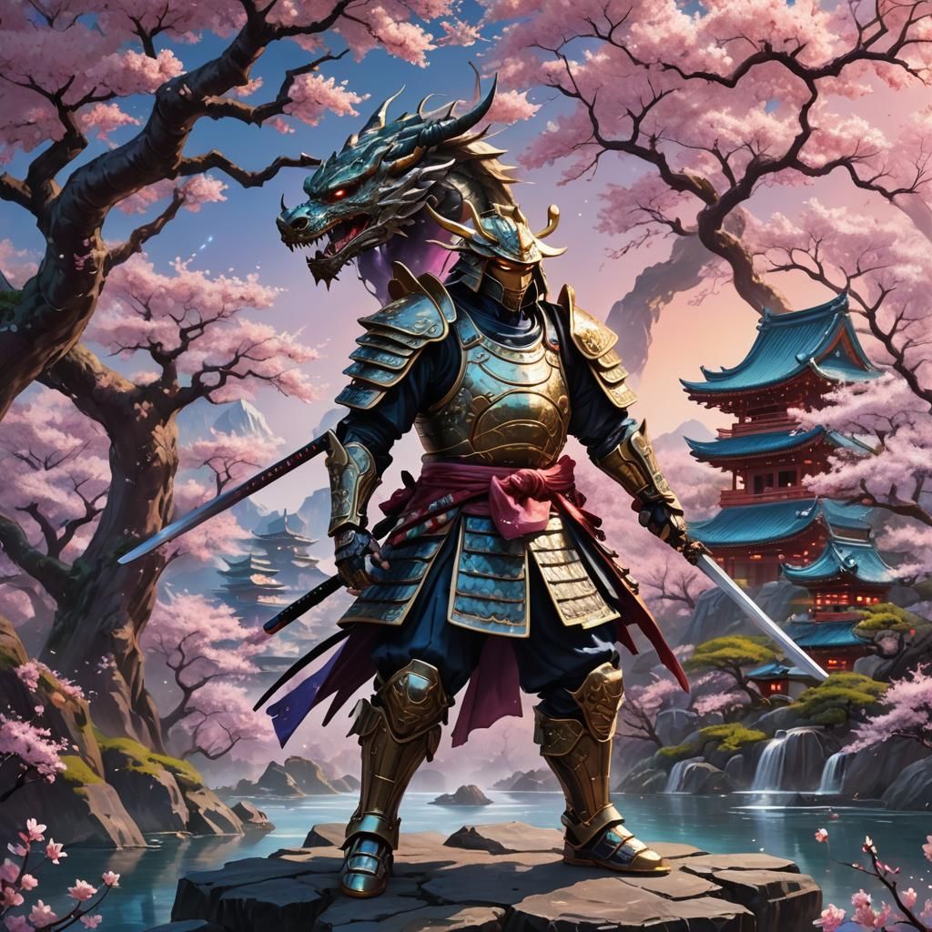 Cybernetic Samurai Defends Floating Cherry Blossom Islands