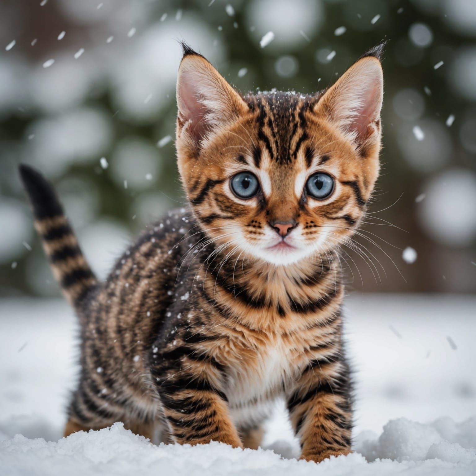 Bengal Kitten Having Fun in Snow: Realistic Photo