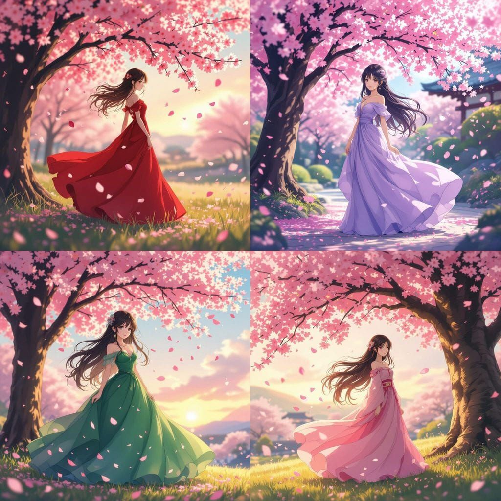 Anime Girl in Flowing Gown Beneath Cherry Blossoms