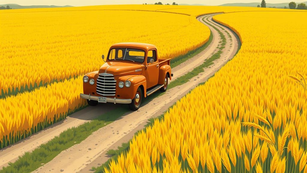 Vintage Truck Amid Golden Barley Rice Field