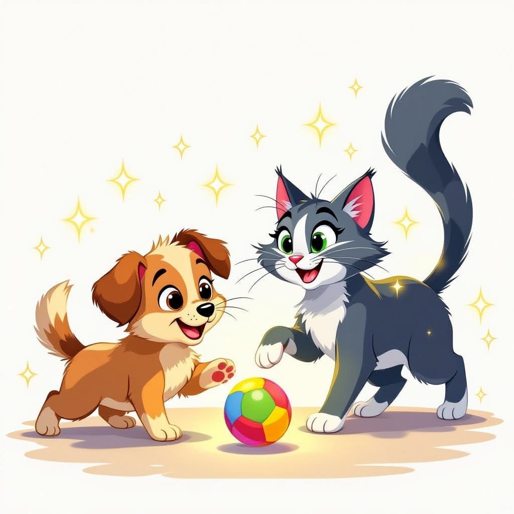 Cute Puppy and Cat Playful Chase in Vibrant Cartoon Style