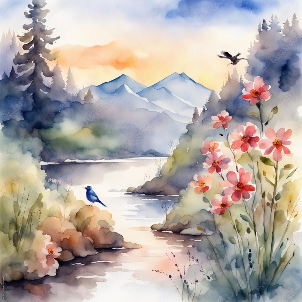 Watercolor Flower Landscape with Mountain River