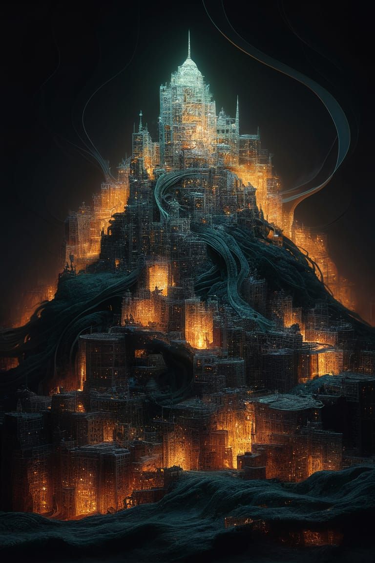 Glowing Metropolis on Hill in Patchouliwork Style