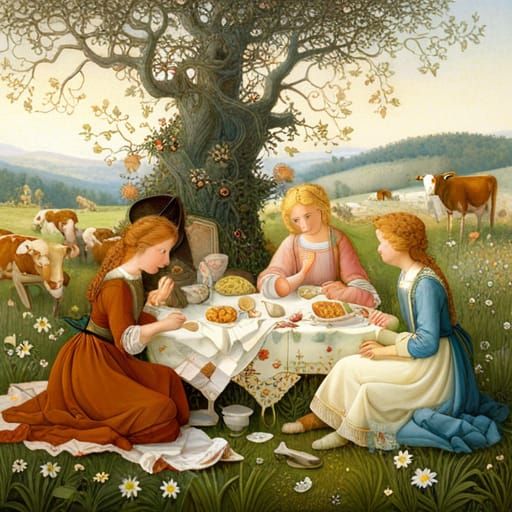 Charming Meadow Picnic with Cows in Storybook Style