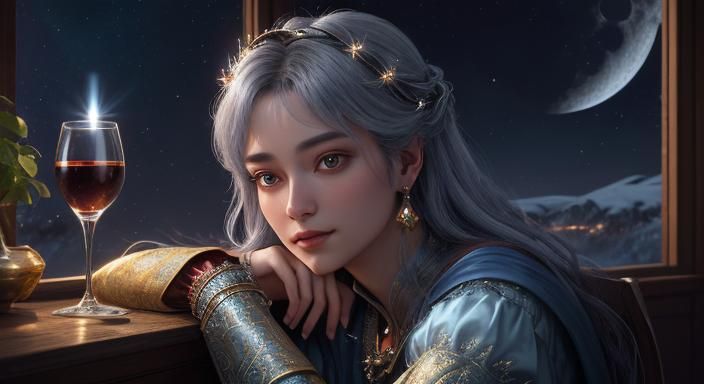 Fantasy Princess Gazing at Moon in Golden Light