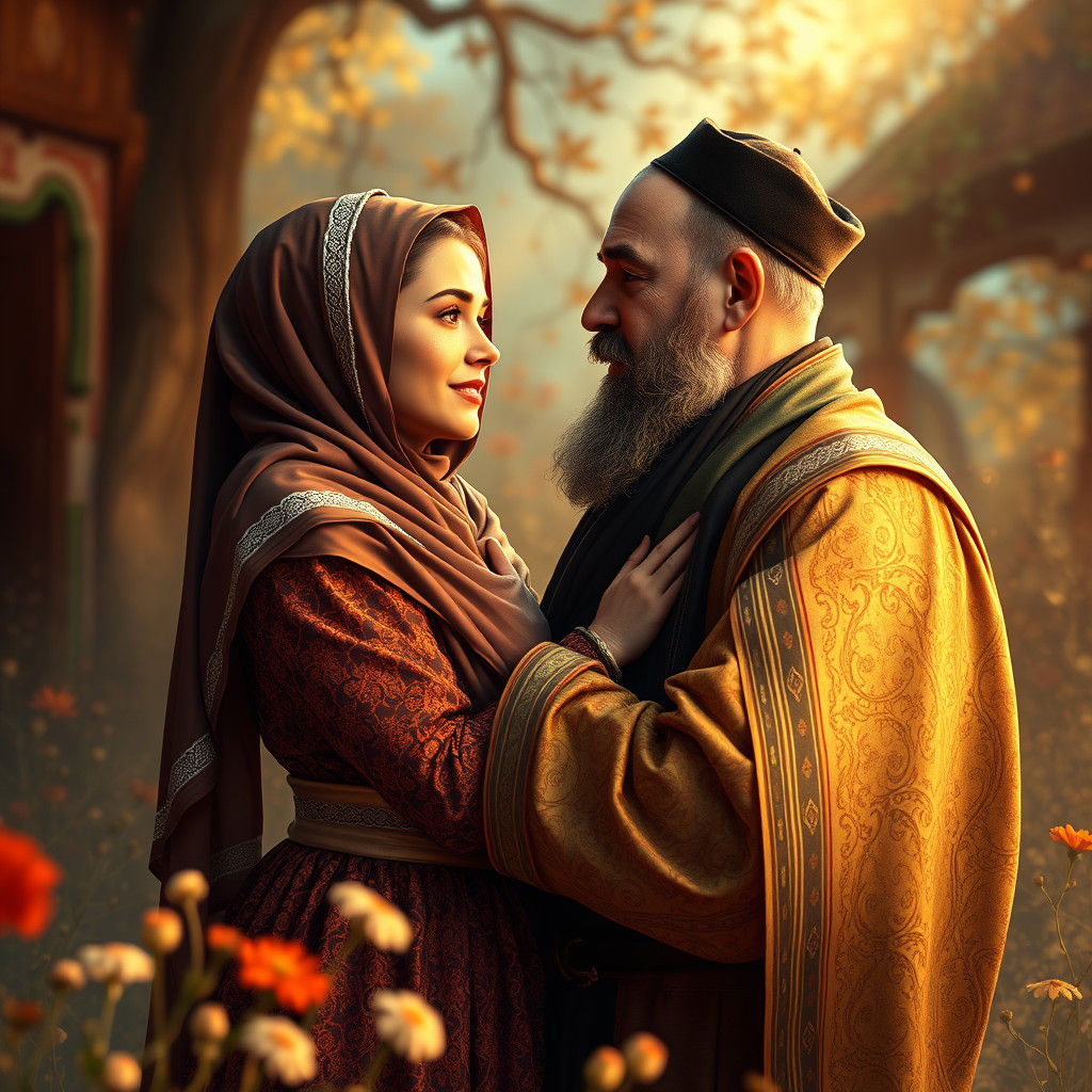 Hasidic Couple's Tender Moment in Dreamlike Setting