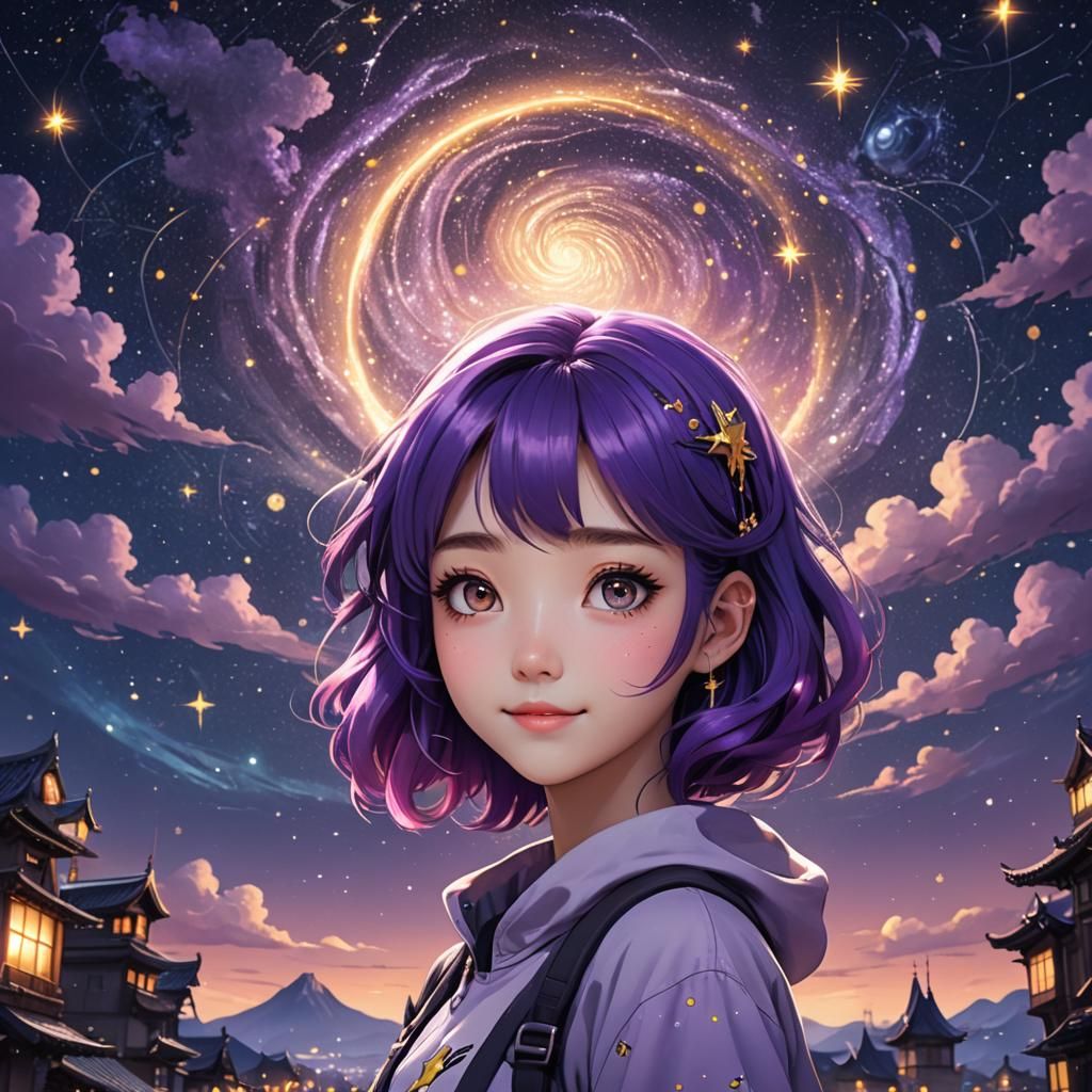Anime Girl with Purple Hair and Starry Sky
