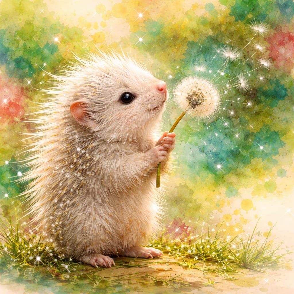 Baby Porcupine Blowing Dandelion Seeds in Whimsical Style