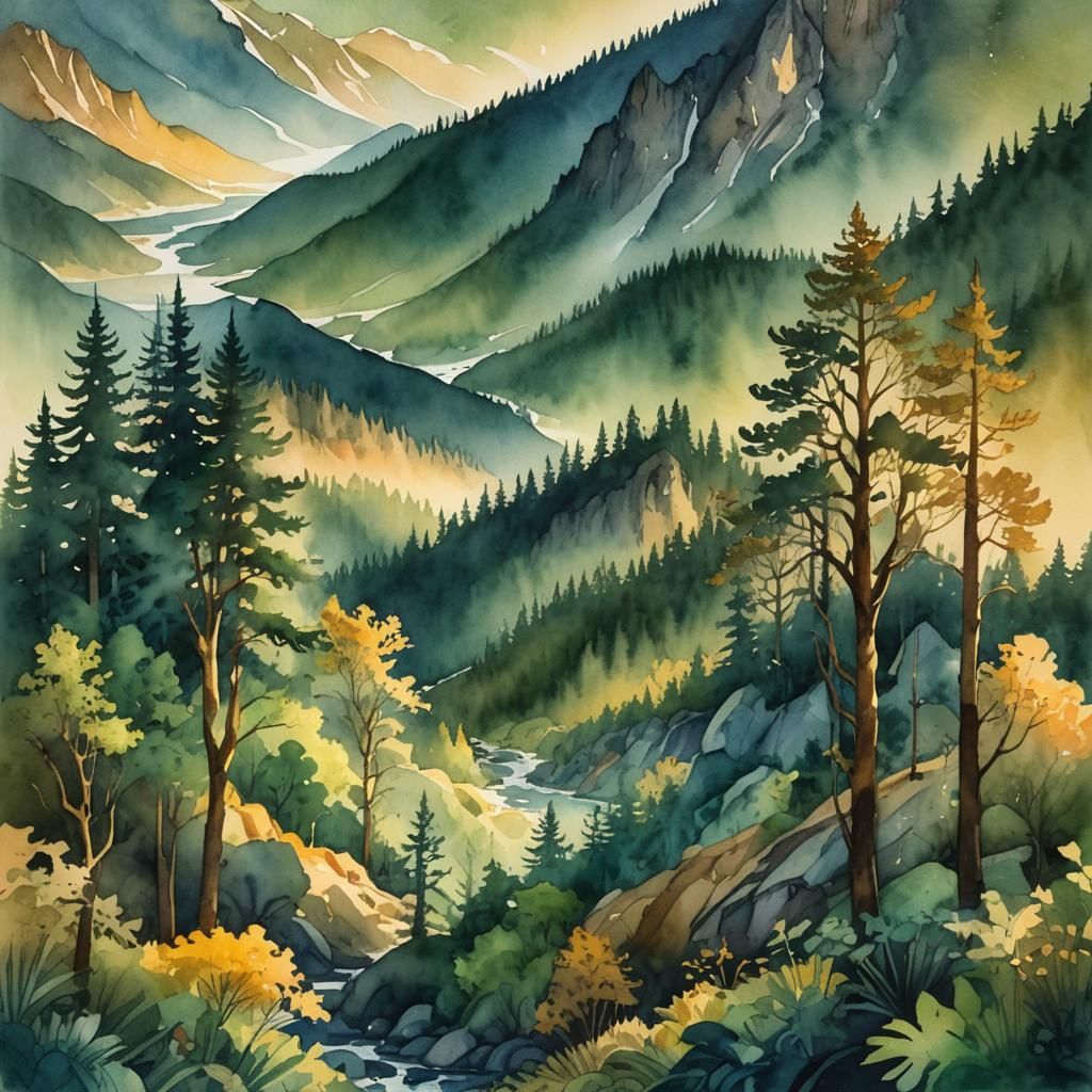 Mystical Forest at Golden Hour as Watercolor Painting