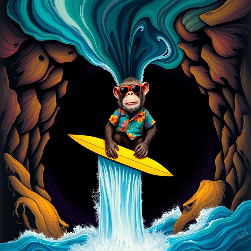 Monkey Surfing Upside Down Waterfall in Fantastical Style