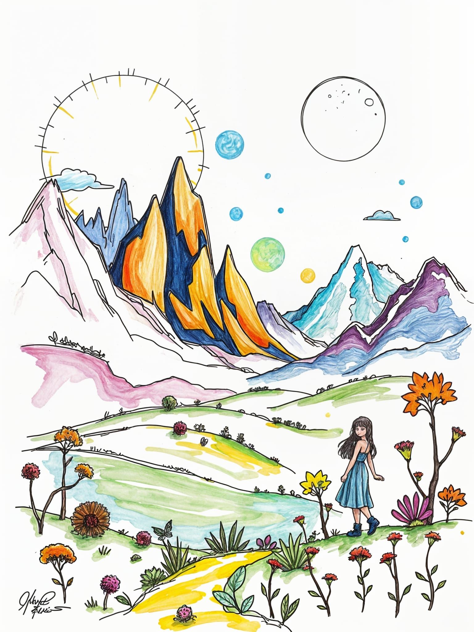 Vibrant Pencil Sketch of Fantasy Landscape