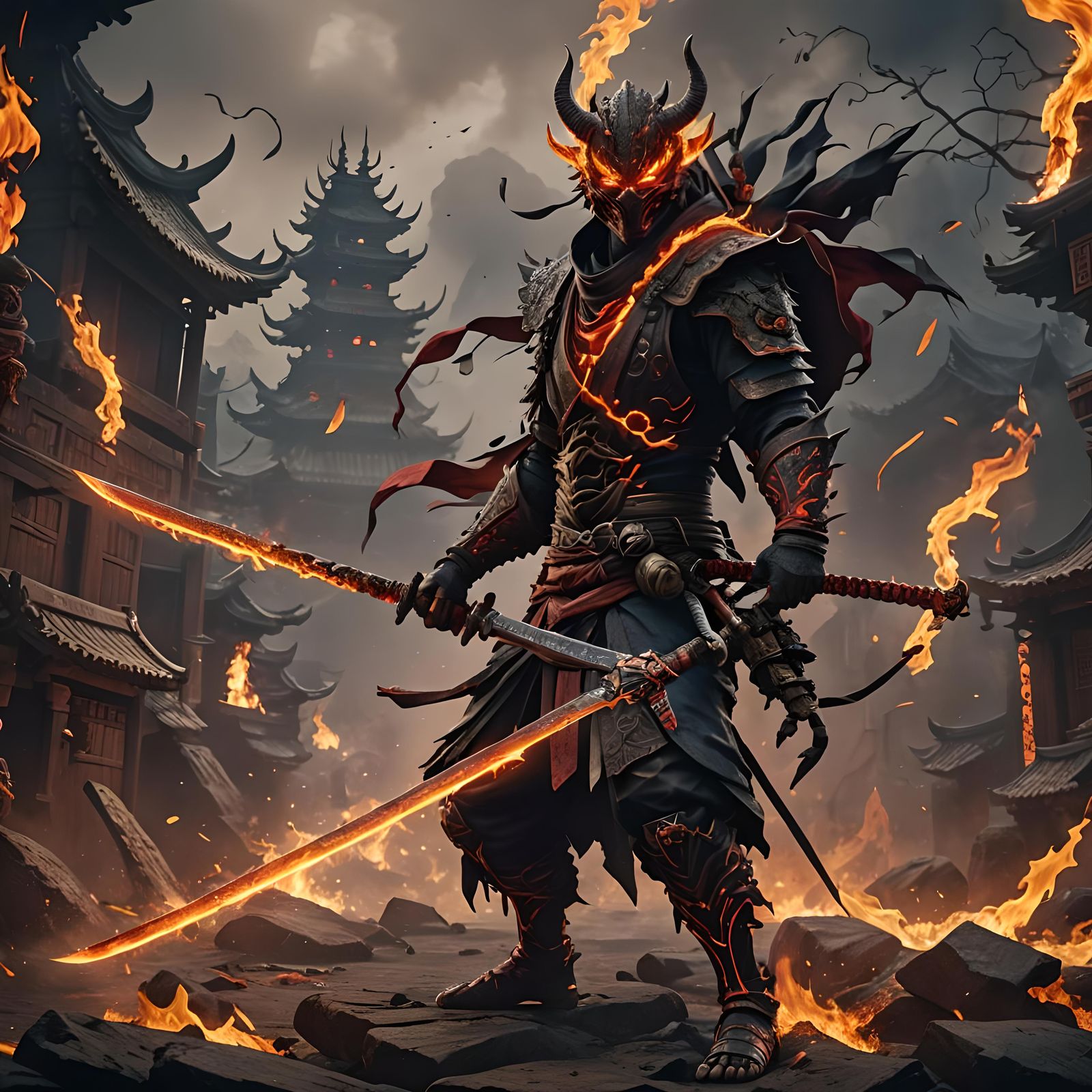 Fire Demon Ninja with Dark Blade: Detailed Matte Painting
