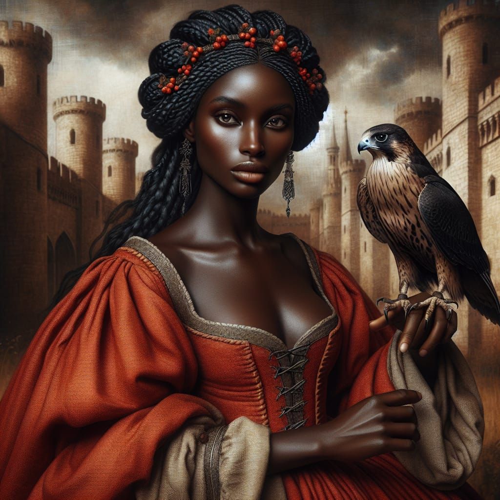 Kriemhild in Castle with Falcon: Middle Age Matte Painting