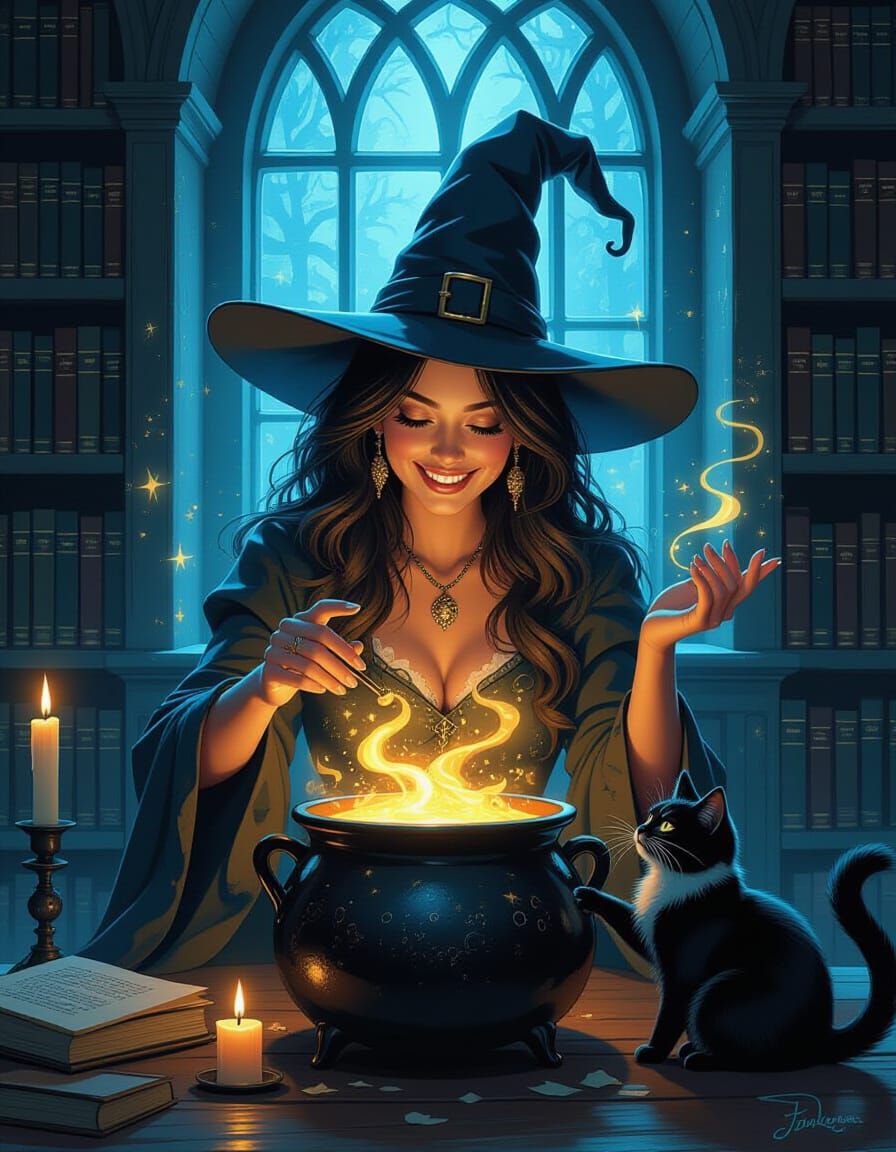 Smiling Witch Spellcasting in Candlelit Library with Black C...