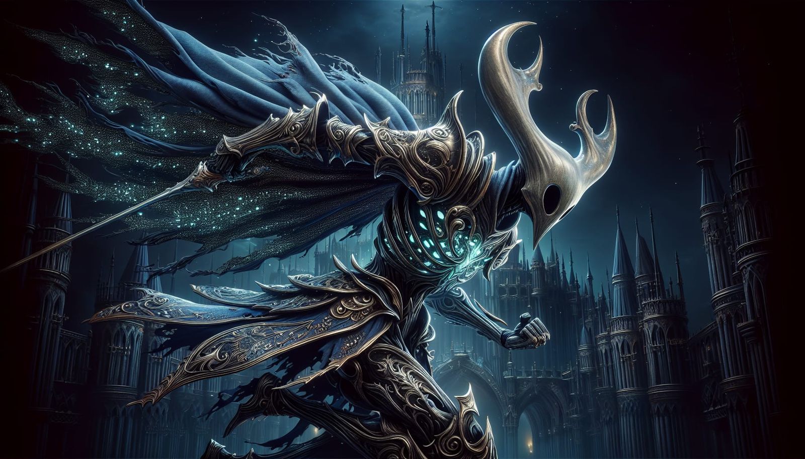 Ornate Knight in Bioluminescent Armor Under Night Sky