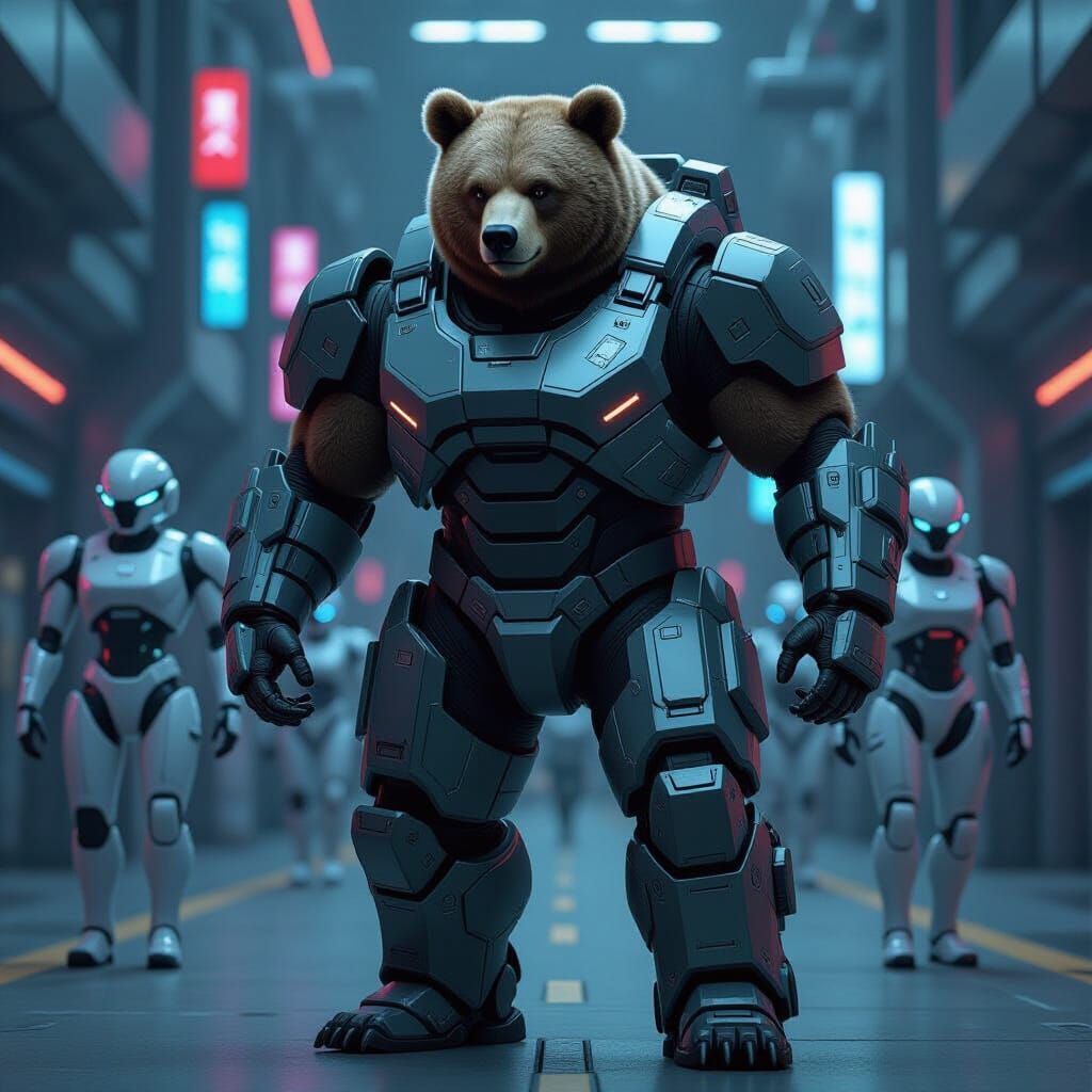 Futuristic Armored Bear Patrols Cyberpunk Facility