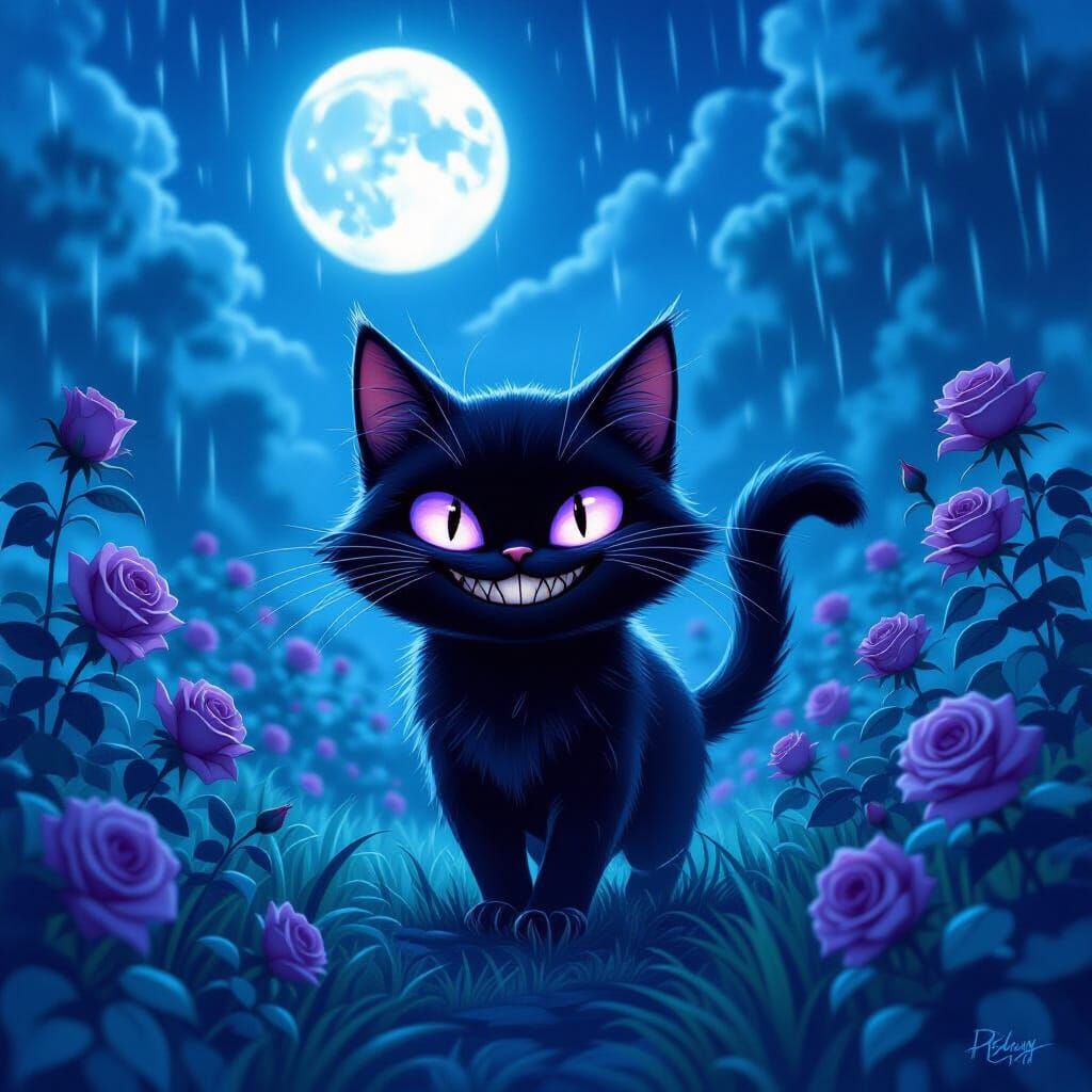 Creepy Black Cat Grins in Moonlit Rose Garden