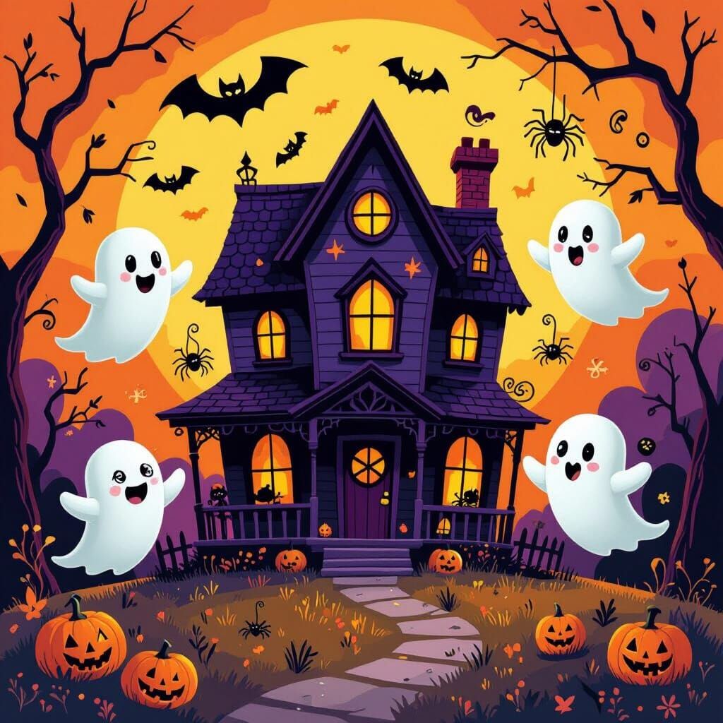 Whimsical Haunted House Scene with Cute Halloween Ghosts