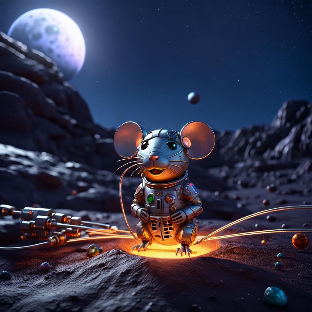Cyborg Mouse on the Moon, Cinematic Digital Art