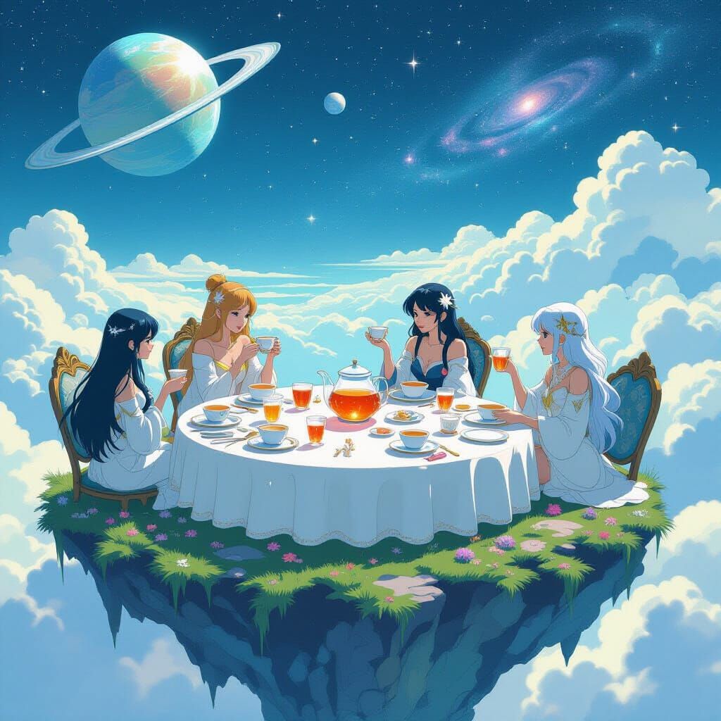 Cosmic Tea Party on Floating Island in Anime Style