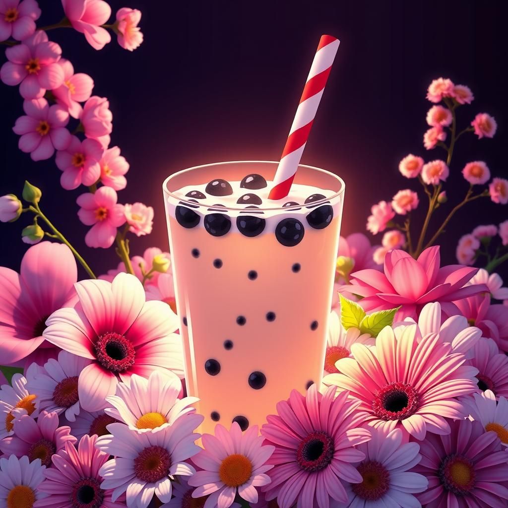 Vibrant Boba Tea with Flowers in Studio Trigger Anime Style