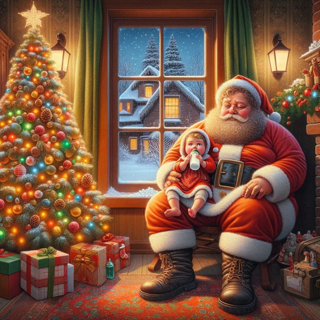 Vintage Christmas Scene with Santa and Daughter