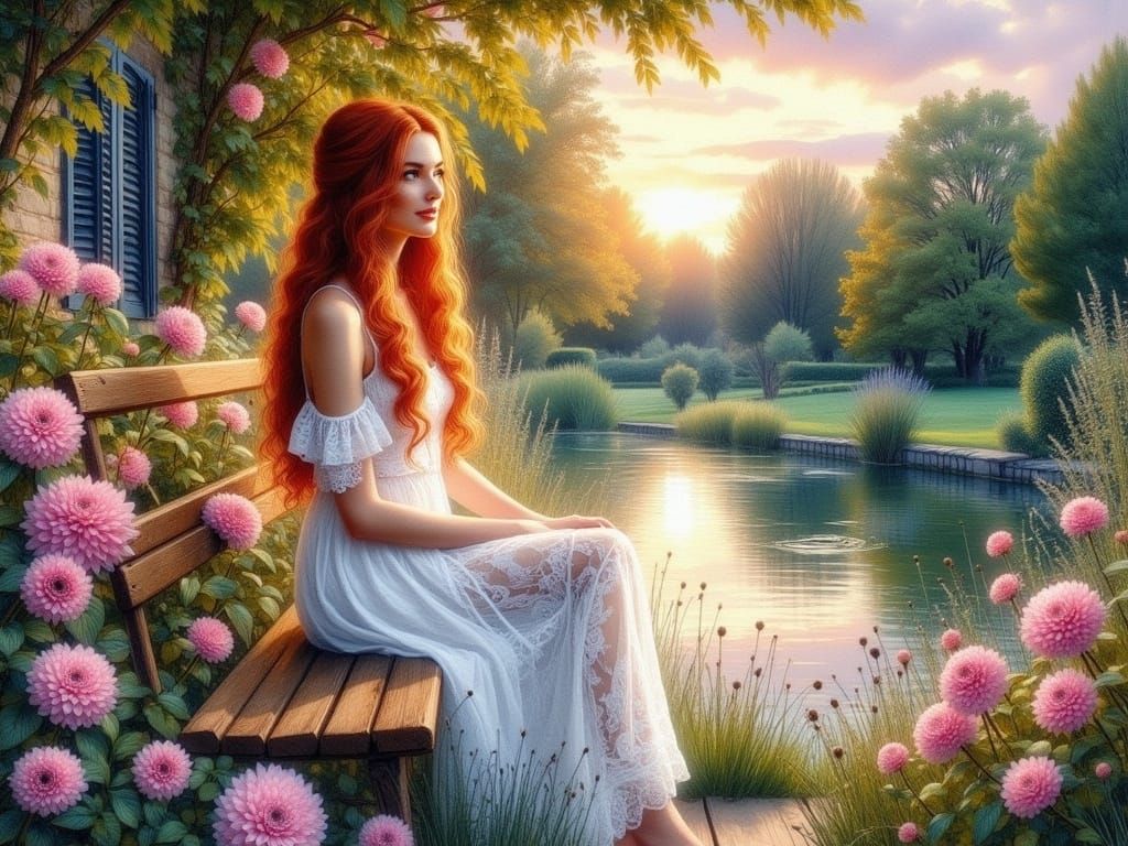Sensual Lady in a Whimsical Garden at Sunset