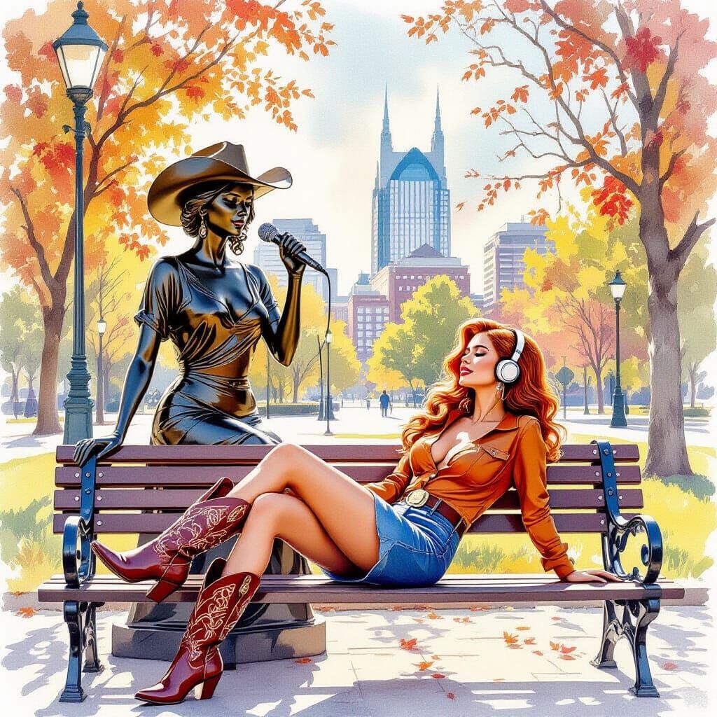 Nashville Park Scene with Redhead in Watercolor