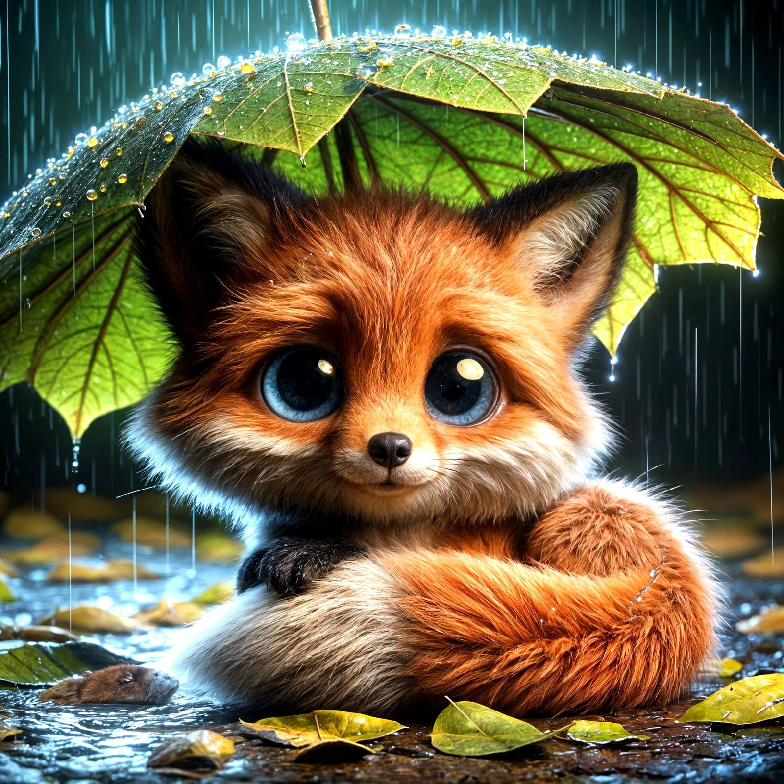 Cute Red Fox Sleeping in Rainy Night Scene