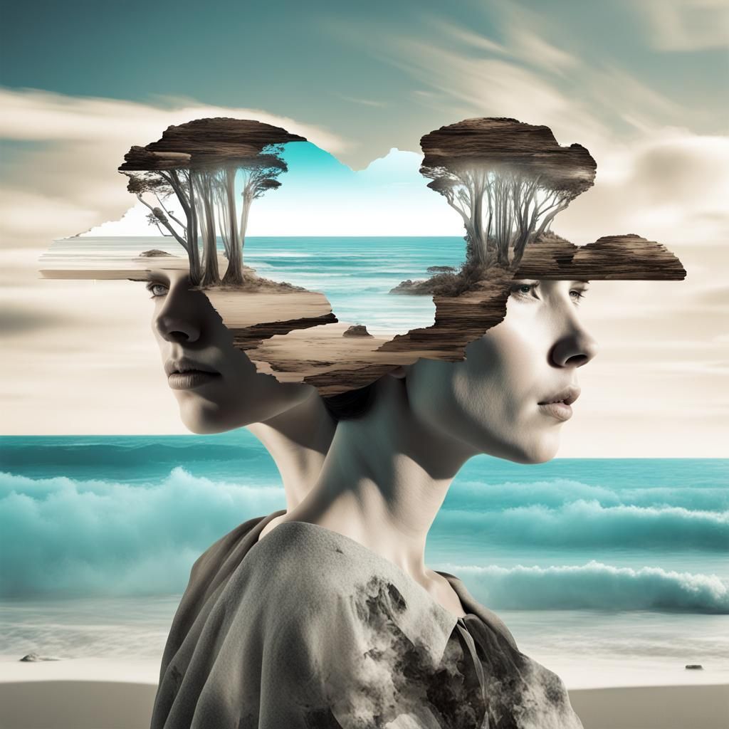 Surreal Double Exposure Digital Collage of Coastal Scenes