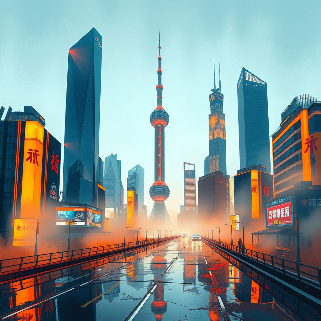 Futuristic Shanghai Cityscape in Cyberpunk Style