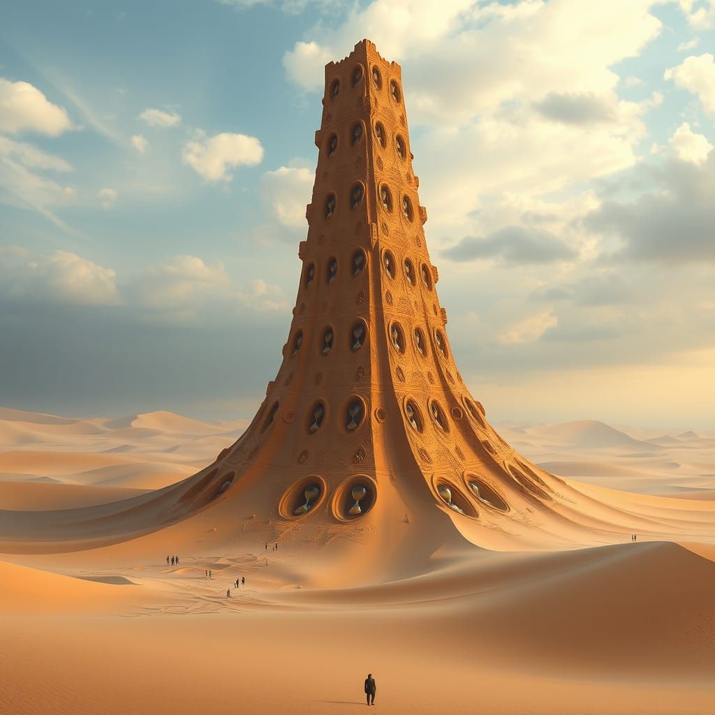 Hourglass Sand Tower Rebuilds in Desert Landscape