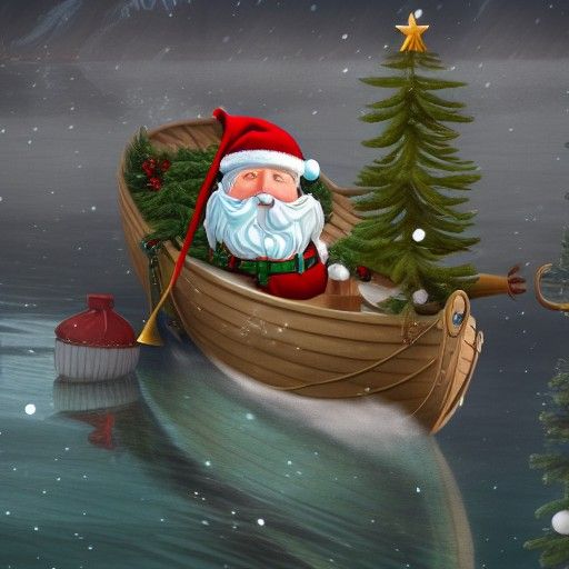 Sanya Clause fishing in his winter boat, with a Christmas tree on the boat. detailed matte painting, deep color, fantast...