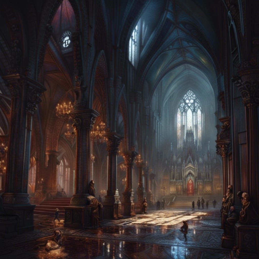 Gothic Church Interior in Post-Impressionism Style