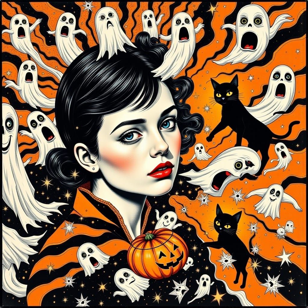 Comic Collage of Halloween Ghosts and Jack-o-Lanterns