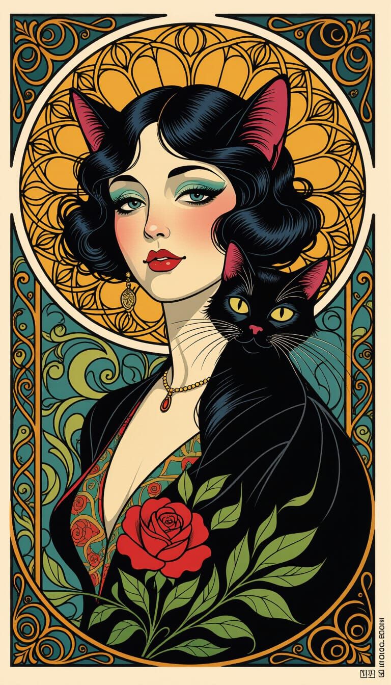Art Nouveau Portrait of Woman with Black Cat